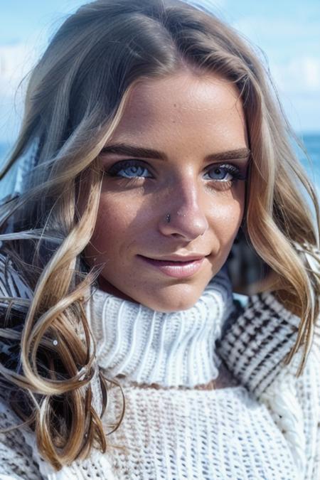 a stunning young woman on the beach, in a white knitted sweater, pale, waves in background, [stunning eyes], (close up), [smiling:0.1], perfect face, raw, 8k uhd, <lora:sofiGoldfinger:1>