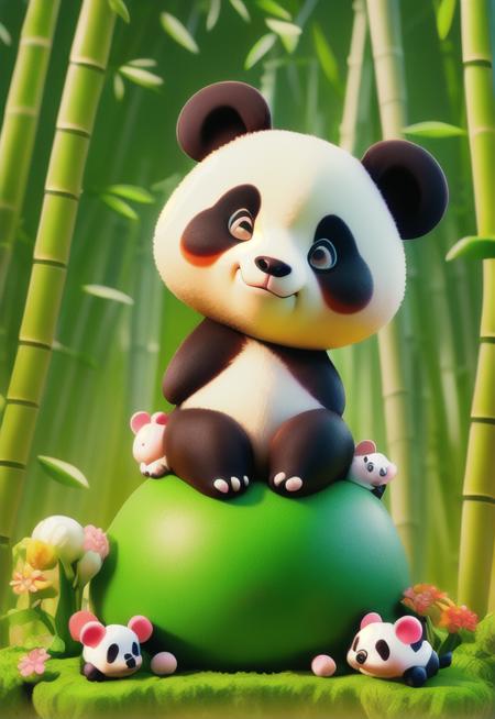 <niji-se-3d>, cute panda, bamboo forest, sitting, front view, close view, good face, best quality