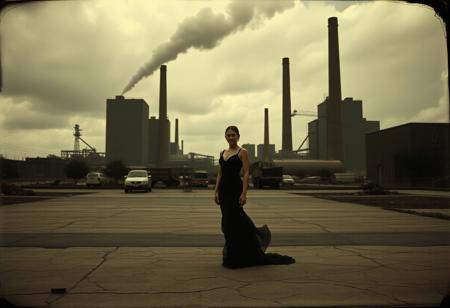 Surreal industrial landscape with towering mills in the background, casting long shadows. In the foreground, an elegant figure, seemingly a secondary character, yet standing victorious with a quiet confidence. Subtle hints of neglect and carelessness are visible in their surroundings – scattered debris, cracked pavement. The atmosphere is moody, with overcast skies, and the entire scene has a vintage, glassy texture as if captured in an antique ambrotype photograph. The composition evokes both tension and understated power