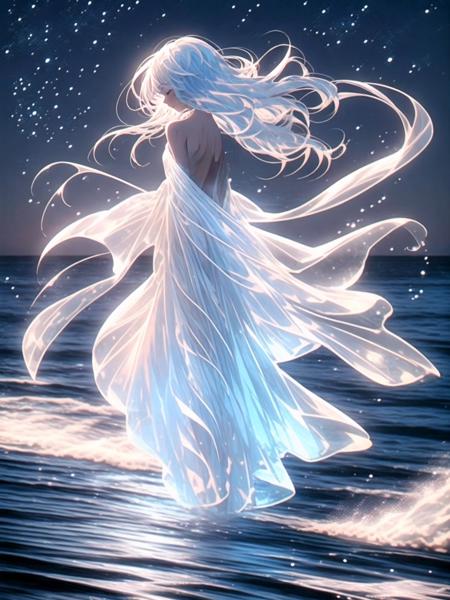 <lora:memghuanzhijing-000010:0.8>,guchen,dreamy,1girl,solo,long hair,water,night,standing,sky,bare shoulders,night sky,white hair,white dress,floating hair,ocean,profile,backless dress,starry sky,