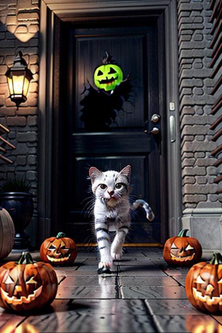 Capture a full hyper-realistic photograph of an adorable  white kitten running halloween town with ghosts flying around and jack o lanterns in doorways, cutest kitten in civitai, side view, chubby kitten, short legs, close up, c4d, blender, raytracing, unreal engine 5, render 3d,