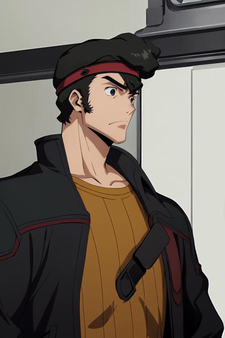 Kaname_ohgi black hair, black eyes, sideburns, short hair, headband, red headband black jacket, stiff collar, leather jacket, open jacket, yellow shirt, orange shirt, grey pants, brown footwear red jacket, brown jacket, open jacket, yellow shirt, orange shirt, grey pants, brown footwear