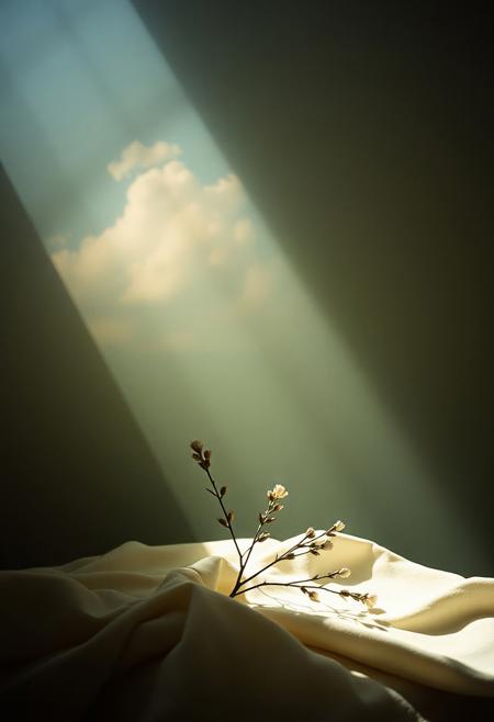 Whispers of the sky , soft surrealism, projected light effects, Kodak Portra film aesthetic, high-angle perspective, delicate still-life composition, studio lighting, chiaroscuro contrast, dreamy atmosphere, fine art photography, muted tones, cinematic glow, ethereal textures, subtle depth, painterly quality, moody elegance