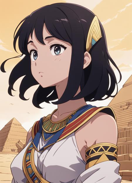 (flat color), 2010s anime screenshot, 1girl, short brown hair, grey eyes, close up, egyptian, desert