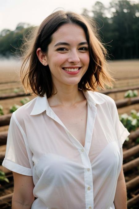 Mature woman, cute face, gorgeous busty 35 yeara old scandinavian woman, open transparent shirt, upper body shot, skin texture, short hair, ((breast)), outdoor, farm, golden hour, foggy,faded, low light, face in shadow, happy face, polaroid color 600 instant film,