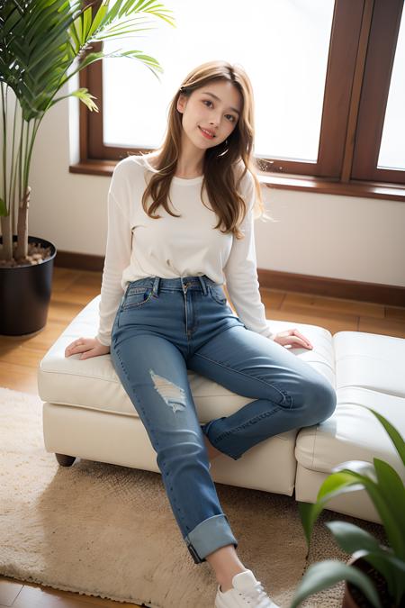(Soft Lighting Photography by Mimoza Veliu and Mario Giacomelli:1.2), NSFW,1 female, looking at viewer, smile, blue eyes, shirt, blonde hair, long sleeves, sitting, full body, shoes, pants, indoors, lips, head tilt, arm support, from above, white footwear, traditional media, plant, looking up, denim, sneakers, jeans, realistic, potted plant, torn pants, torn jeans, <lora:twbabe_8:1>