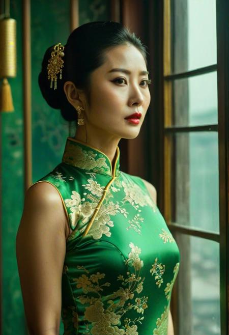 Wong Kar Wai movie texture, a beautiful Chinese woman wearing a sexy green and gold cheongsam, standing by the window, looking at you, movie texture, ultra high quality, 4K, outstanding, detailed