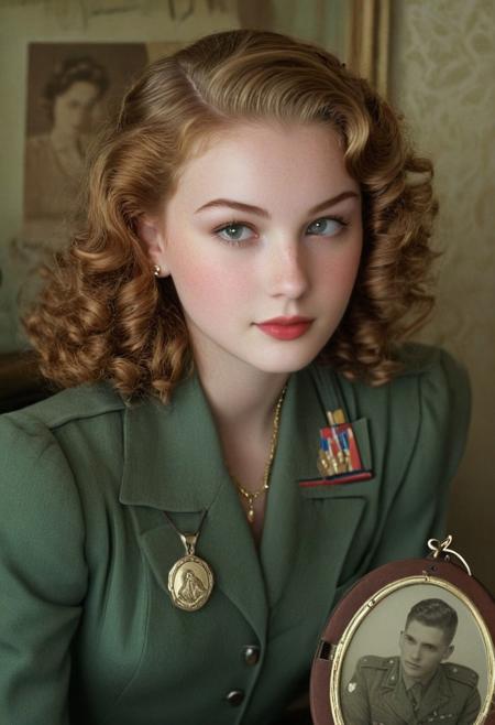 1940’s 18 year old girl with victory curl hair sitting in her home with a locket in her hand that had a soldiers picture in it, photographic,