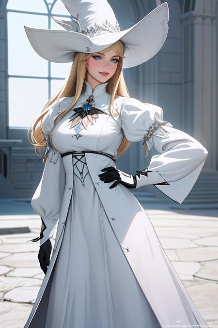 ((Masterpiece, best quality,edgQuality)),smug,smirk,blonde hair,bimbo,glossy,
edgWHM, white mage robe, a woman in a white dress posing in front of a medieval castle, wearing edgWHM, white mage hat
<lora:edgWhiteMage_MINI:1>