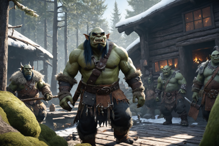 an orc storyteller with green skin, wearing a fur robe, speaking to a group of orcs, solo, from the Thunderhoof Clan, with heavy armor and hoof-shaped symbols, an orc river crossing with a wooden bridge, flowing water, orcs guarding, detailed background, performing a ritual, chanting around a fire, tired, eyes drooping, portrait focus, close-up shot, a hunting expedition with orcs tracking, worgs running, forest rustling, a bone knife, nearby, on a forge floor, soot-covered, snowy, snowflakes falling, icy ground, cold air, early afternoon, bright sunlight, warm breeze, long shadows, best quality, vibrant colors, realistic style, high detail, high-definition, hyper-realistic, extremely high-resolution details, fine texture, incredibly lifelike, realistic, not cartoon, not drawing, highres, 4K resolution, source photo, realistic photo, masterpiece, best quality, amazing quality, very aesthetic, ultra-detailed, detailed textures, natural lighting, soft light, shadowy tones, deep blacks and grays, storm light, dramatic lightning flashes, back shot, character facing away