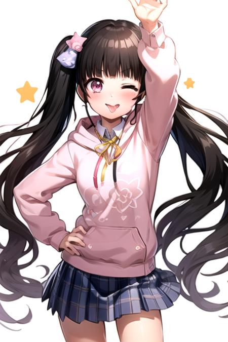 <lora:MichiruD4DJ-08:0.7> ,kaibaram, 1girl, solo, long hair, looking at viewer, blush, smile, skirt, shirt, black hair, hair ornament, long sleeves, white background, ribbon, twintails, very long hair, school uniform, white shirt, pleated skirt, one eye closed, tongue, hood, tongue out, blunt bangs, pink eyes, star (symbol), blue skirt, hand on hip, plaid, hoodie, plaid skirt, hood down, yellow ribbon, star hair ornament, ;p, pink hoodie, akanbe