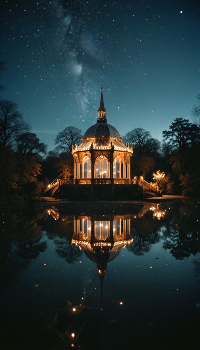 A beautifully illuminated pavilion at night, set against a backdrop of a star-filled sky, both reflected perfectly in the still waters in the foreground.