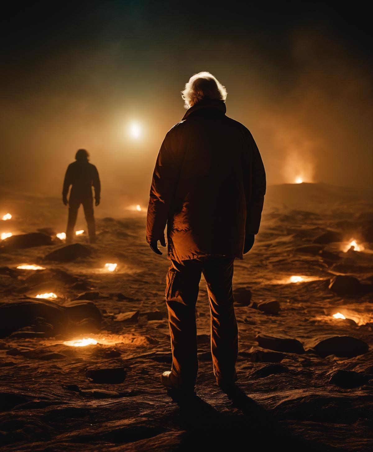 A man standing on a rocky surface with fire in the background.