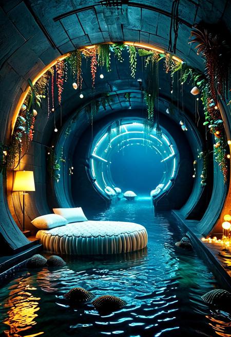 a subterranean cavern, accessed via a concealed entrance somewhere within the concrete jungle of a modern metropolis. Descending a spiraling staircase carved from solid limestone, one finds oneself standing at the base of a tremendous monolith of polished basalt, roughly the shape of a giant clam shell.
Upon this megalith reposes a plush mattress, layered with silken sheets printed with intricate designs resembling scallops and fan shells. Plump pillows embroidered with pearl-thread motifs invite weary visitors to sink into luxurious repose.
Overhead, luminaires shaped like pulsating jellyfish emit a mesmerizing kaleidoscope of color, shifting gradually through the spectrum from cool blues to warm amber hues. Their light filters down through the watery medium of the aquarium tanks lining the walls, causing schools of exotic fish to swim languidly among coral formations imported from the reefs of the South Pacific.
Through arched portholes framed in mother-of-pearl, one catches tantalizing glimpses of the teeming streets and skyscrapers of the city above, their steel-and-glass facades reflecting the dancing illumination of the submerged boudoir.
concept-art, digital, dreaminess, futuristic, eeriness, fantasy, other-worldliness, sci-fi style, technological, alien worlds, space themes, advanced civilizations, 
best quality, masterpiece, aesthetic, highly detailed, absurdres, unreal engine, octane rendering, vivid, vibrant, 
tunnel, sewer tunnel, reflection, creepy, dark, dirty,