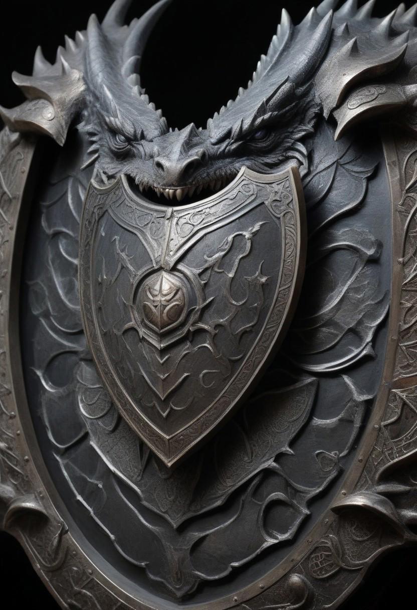 A large dragon scale crafted into a shield for a mighty warrior. The scale has a rough, metallic surface with a deep, dark hue, possibly black or dark gray, and faint iridescent patterns running through it. The edges of the shield are reinforced with silver or steel, and intricate engravings of ancient symbols are etched into the metal frame. The shield has a rugged, battle-worn appearance, with a few scratches and dents, showing it has been through many fights. It is massive, almost as tall as the warrior who wields it, and exudes a sense of power and resilience.