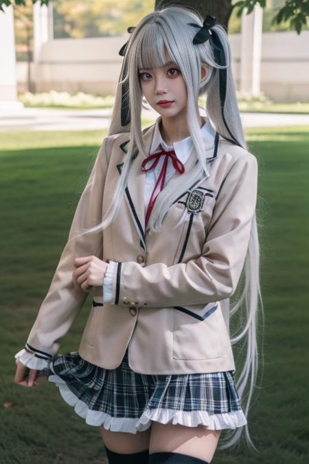 kagarino kirie school uniform, blazer, collared shirt, long sleeves, plaid pleated skirt, frilled skirt, thighhighs, school emblem, neck ribbon, 