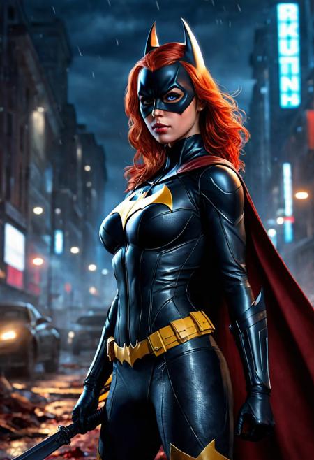 High resolution ultra-realistic of beautiful realistic  Batgirl is fighting a battle, cinematic style, standing on a bloody and stormy battlefield in a fighting pose, bloody massacre, realistic modern combat costume, black mask, red cape, perfect athletic figure, wavy red hair, handsome dirty bloody face, beautiful perfect detailed pupils, wet oily shiny skin, covered in dirt and blood, beautiful firm Breasts, defiant and seductive, sexy 20 year old girl, 8k resolution concept art portrait by Greg Rutkowski, Dark Gotham City, realistic blue eyes, full body, Artgerm, WLOP, Alphonse Mucha, dynamic lighting, hyperdetailed, intricately detailed, Splash art trending on Artstation triadic colors, Unreal Engine, 5 volumetric lighting, Cinematic Lighting, intricate, smooth, sharp focus digital painting, Asymmetrical Balance, painting, dynamic lighting