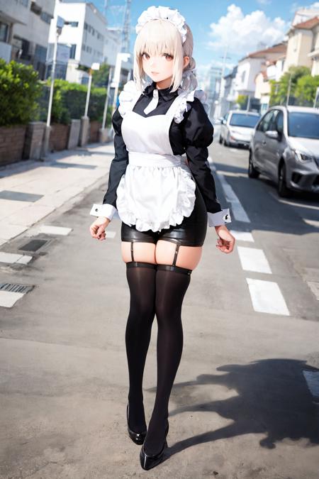 tutututu, apron, long sleeves, maid, maid apron, puffy sleeves, maid headdress, black shorts, black thighhighs, thigh strap, garter straps