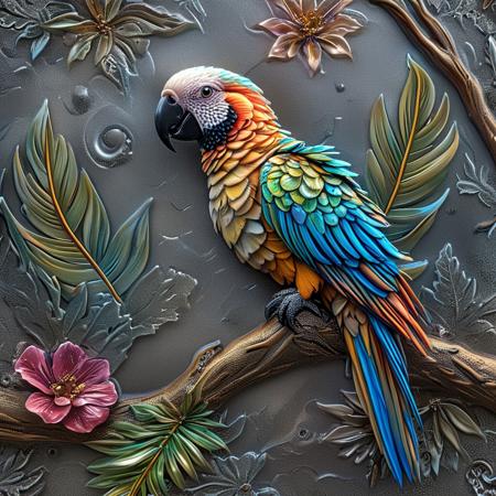 "A vibrant, colorful parrot perched on a branch, feathers glowing with iridescent hues, intricate details, and dynamic lighting. High-contrast, futuristic aesthetic, (novuschroma54 style), deep shadows and highlights, hyperrealistic textures, cinematic depth, and a surreal, dreamlike atmosphere."