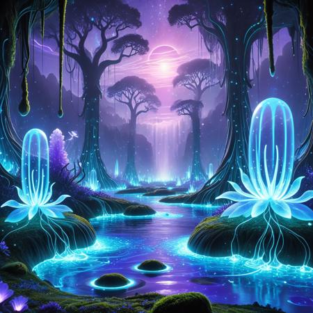 Alien-themed  <lora:Bioluminescent_World:1>(masterpiece), (best quality), (fantasy concept art), (ultra detailed), (cinematic composition), 8k, award-winning landscape illustration, a breathtaking bioluminescent paradise at twilight â vast crystalline meadows glowing with violet and turquoise flora, delicate alien petals emit gentle phosphorescent light, massive iridescent trees with glass-like trunks and hanging luminous vines sway in the bioluminescent air currents, radiant fog pools around moss-covered roots, a glowing river cuts through the valley like a vein of liquid sapphire, distant floating isles shimmer above the horizon like weightless lanterns, translucent butterfly-like creatures drift in the warm breeze, two moons suspended in the lavender sky, reflected in the still, glowing water below, everything bathed in a dreamlike ambient glow, painterly brushwork meets photorealistic rendering, hyperrealistic fantasy color grading, volumetric lighting, God rays, atmospheric depth, surreal and serene yet otherworldly and divine, inspired by the works of Roger Dean and Moebius, trending on ArtStation HQ . Extraterrestrial, cosmic, otherworldly, mysterious, sci-fi, highly detailed