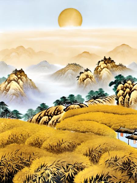 Chinese porcelain painting, golden field, mountain, sun,<lora:Chinese_porcelain_painting_V1:1>