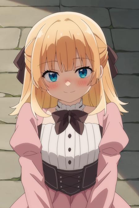 long hair, blonde hair, hair bow, bangs, blue eyes, pink dress, frilled dress, bow, long sleeves, juliet sleeves, boots,