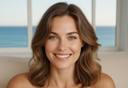 A meticulously detailed, hyper-realistic studio portrait of Olivia, a 35-year-old woman with sun-kissed skin and bright green eyes. She has a slim, oval, delicately contoured face with high cheekbones, a narrow jawline, and a subtle V-shaped chin. Her wavy, short-length light brown hair is casually tousled, framing her naturally beautiful face. Her skin has realistic texture: visible pores, soft natural wrinkles, gentle laugh lines, and minor imperfections that enhance authenticity. She wears a warm, genuine smile with slightly imperfect teeth. She seats in a living room, watching the sunset, and ocean,through an elegant beautiful Huge window, captured with an 85mm lens at f/4, with natural color grading and an unedited RAW film look — inspired by Kodak Portra 400. No makeup retouching, no plastic effect, no artificial smoothing.