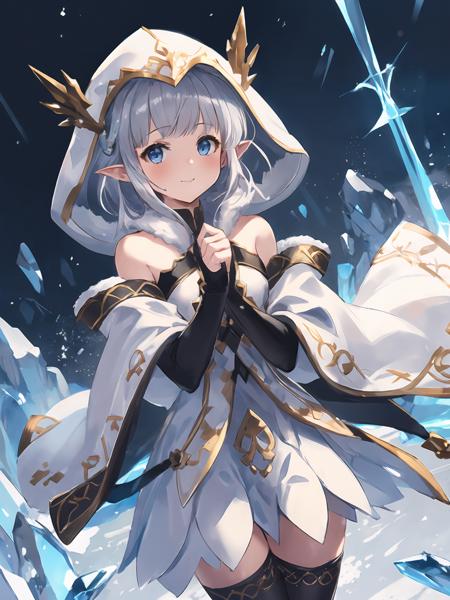 masterpiece,best quality,highres,cinematic lighting,dramatic angle,1girl,silver hair,hime cut,blue eyes,pointy ears,hair ornament,white dress,bare shoulders,elbow fingerless gloves,cross-laced black legwear,<lora:CygamesLilyV1-000018:0.8:lbw=1,1,0.1,1,1,0.1,0.1,1,1,1,1,1,1,1,1,1,1>,happy,looking at viewer,action pose,dynamic angle,winter,cowboy shot,wide sleeves,white robe,(hood:1.2),jacket,holding staff,blizzard,hypnosis,ice storm,crystal,