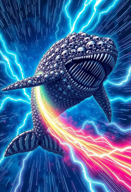 "Create an anime-style image of a gargantuan whale flying through the air at incredible velocity, its mouth agape and revealing a cavernous void within. But this is no ordinary whale - its body is composed of hundreds of skulls, all conjoined together in a macabre yet mesmerizing spectacle. As it flies, the whale leaves behind a trail of vibrant, rainbow-colored light trails that streak across the sky like a comet's tail. The background is a deep, electric blue, with lightning-fast streaks of light and energy radiating outward from the whale. The image should be rendered in a dynamic, high-energy style, with bold lines, vibrant colors, and a sense of frenetic, cosmic chaos. Think 'Berserk' meets 'One Piece'."