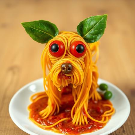 a cute tiny dog made completely out of spaghetti bolognese with cute big eyes made of tomatoes, ears made of bazil leafes and a muzzle made of meatballs, standing on a plate filled with tomatosauce