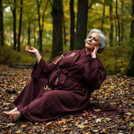 there is a woman sitting on the ground in the woods, robes with golden characters, outdoors business portrait, lush forest in background, inspired by Grethe Jürgens, sexy pudica pose gesture, disrobed, during autumn, relaxing after a hard day, older woman, fullbody photo, by Rajmund Kanelba, reclining, plus size woman