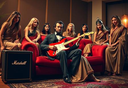 Create an image of Abraham Lincoln playing a Fender Stratocaster electric guitar while sitting on a plush red sofa. The scene is set in a modern room with a Marshall amplifier beside him. Surrounding him are several groupies, but instead of modern attire, they are wearing ancient garments, such as flowing togas, Roman tunics, or Egyptian robes. The contrast between Lincoln’s rock-and-roll vibe and the groupies’ ancient clothing creates a unique blend of historical and modern elements. The lighting should be warm, with a spotlight effect highlighting Lincoln as the central figure.
