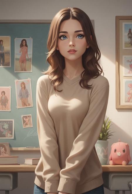 8k resolution, score_9, score_8_up, score_7_up, 22 years, Expressiveh, single a sexy brown hair blue eyes girl, medium perfect breasts, perfect face, medium wavy hairstyle, hourglass body, detailed eyes, semi realistic, standing, sweater, black jeans, pose for photo, cozy classroom with colorful educational posters, small cute chairs and low bookshelves in background, colorful room