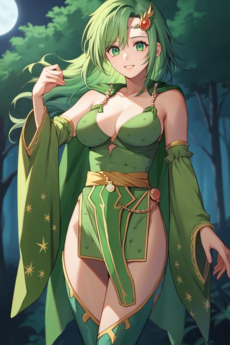 rydia, long hair, green hair, green eyes circlet, hair ornament, green cape, green leotard, pelvic curtain, detached sleeves, thigh boots