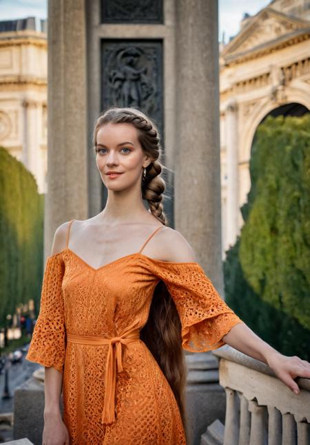 fashion photography (close-up, full body shot:1.1), pale skin ohwx woman, selfie, smug, absurdly long hair, braided hair,
Orange wrap top	Tangerine pops	Backlight rim flare	Foliage	Soft circles in iris. illusion neckline,
Arc de Triomphe	Indoors	Top looking over Paris	Architectural shapes	Rule of thirds	Surrounded by panoramic views	Available light through oculus
shot on Nikon Z6	Nikon Z 85mm f/1.8 S	F/2.8, 1/125s, ISO 100, in style of Petter Hegre
<lora:ErinEverheart_SDXL_v1.0b:1>