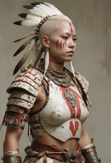 full shot of a female native indian american Mohican, japanese armour, albino, standing pose, beautiful, war painted body, Low saturation color photography, vintage, grunge, top light, masterful painting in the style of Anders Zorn | Marco Mazzoni | Yuri Ivanovich, Todd McFarlane, Aleksi Briclot, oil on canvas