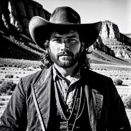 RAW, photorealistic, best_quality, cowboy-shot of a man in the western american frontier, year 1860, the style of Ansel Adams