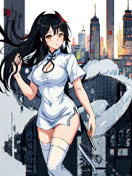 dresschinesedragon,1girl, solo, breasts, calm face, white eyes, long hair, white hair, black hair, white thighhighs,  looking at viewer, chinese clothes,  black and white colors, night city background,  <lora:DressChineseDragon:0.7>