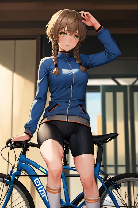 (masterpiece, best quality:1.2), solo, 1girl, amane suzuha, expressionless, riding bicycle, ground vehicle, track jacket, bike shorts <lora:steinsgate_amane:1.0>