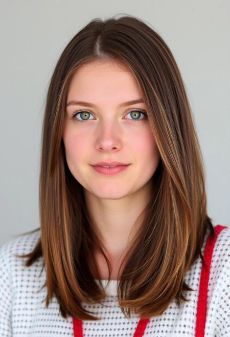 Graduate student woman 22 years old, Caucasian, green eyes, shoulder length brunette hair, round face.