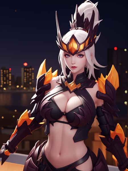 WZRYhuamulanSJLLZ, 1girl, solo, navel, breasts,  armor, cleavage, white hair, clothing cutout,midriff, red eyes, looking at viewer,high ponytail, forehead protector,  <lora:WZRYhuamulanSJLLZ:0.7>,cityscape, night, mature female,