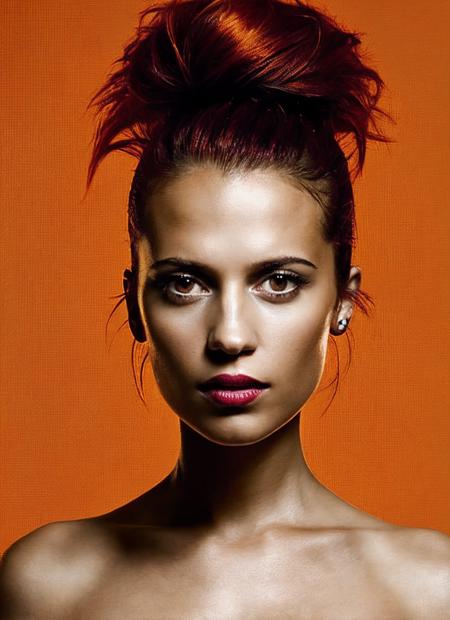 portrait of sks woman by Flora Borsi, style by Flora Borsi, bold, bright colours, orange Mohawk haircut, ((Flora Borsi)), <lora:locon_aliciavikander_v1_from_v1_64_32:1.25>