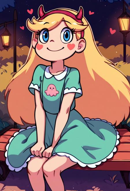 score_9, score_8_up, score_7_up, score_6_up, score_5_up, score_4_up, source_anime, 1girl, starbutterfly, blonde hair, horned headwear, hairband, long hair, solo, heart, blue eyes, facial mark, very long hair,teal dress, blush stickers, smiling, looking at viewer, blush, sitting down on bench, park, (((nightime))), lamp light, fireflies, tender, love, face up close
