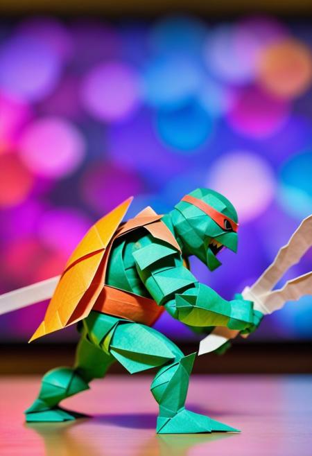 a picture of an origami of a ninja turtle fighting with shredder from the back made from a single sheet of multicolored gradient paper, the piece is displayed in a museum with many viewers in the background, bokeh