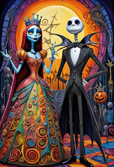 Anthropomorphic, king and queen, cartoon movie "nightmare before Christmas",by Tim Burton and Wes Anderson, vibrant colors elegant costume intricate expansive background dramatic lighting and pose insanely-detailed extreme-detailed hyper-detailed polished masterpiece beautifully vibrant Digital illustration painting consisting of oil, ink, soft watercolors iridescent"