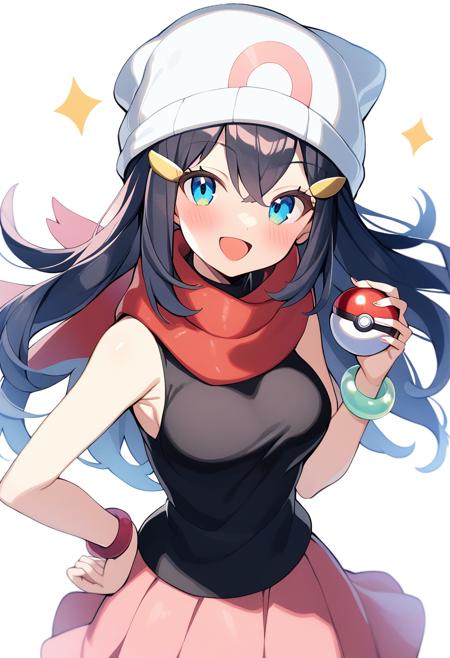 1girl, dawn \(pokemon\), solo, poke ball, hat, holding poke ball, long hair, open mouth, holding, beanie, scarf, poke ball \(basic\), bracelet, blue eyes, smile, :d, white headwear, jewelry, sleeveless, skirt, red scarf, blush, hair ornament, shirt, black hair, tongue, black shirt, eyelashes, sleeveless shirt, looking at viewer, white background, hairclip, pink skirt, simple background, hand on hip, shiny, breasts, masterpiece, best quality, <lora:40_waifus>