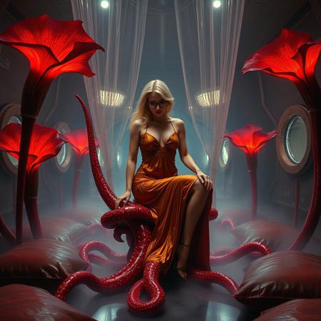 blonde damsel sit on erected slimy tentacle.  lifted glossy nightgown, her glasses askew, glossy high heels, she is kneeling inside giant rafflesia bloom , red tentacle from the bloom streaming transparent slime to her body,  her legs spreaded wide apart, knees bent,   penetration, orgasm, mind break,   surrounded by  giant rafflesia  glossy  crystal slime covered red colossus petales , reflecting the faint glow of the weird alien laboratory chamber. thin transparent slime curtains, pillow foil canopy,  fog from the floor. floor covered by giant leather pillows.   the walls appear to be alive, covered in a pulsing, iridescent slime, while colossus observation portholes gaze in like empty eyes, as if the very darkness of space itself is watching this horrific scene unfold. Inspired by the dark, industrial sci-fi of H.R. Giger, the eerie, atmospheric lighting of Zdzisław Beksiński, and the surreal, biomechanical nightmares of Francis Bacon.