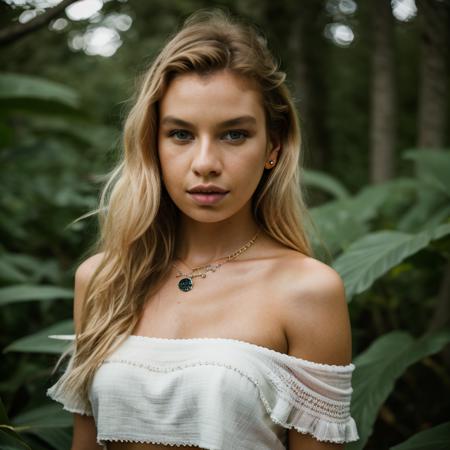 <lora:st3ll4m4x:1>, Realistic photo of a beautiful st3ll4m4x woman, 1girl, solo, long hair, looking at viewer, blue eyes, blonde hair, navel, bare shoulders, jewelry, upper body, earrings, pointy ears, midriff, necklace, off shoulder, blurry, bracelet, lips, blurry background, realistic, soft lighting, professional Photography, Photorealistic, detailed, RAW, analog, sharp focus, 8k, HD, DSLR, high quality, Fujifilm XT3, film grain, award winning, masterpiece