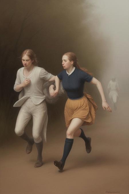 A dynamic painting in soft pastel colors depicting figures in motion through a thick fog, evocative of the Dutch Golden Age style.  The painting features soft brushwork, blurred lines, and action poses, creating a gentle and soothing atmosphere.