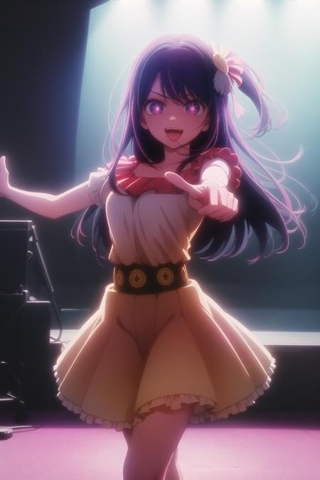 <lora:hoshino_ai_v0.1a:1>
hoshino ai, cowboy shot, standing on one leg, dancing, backlighting, frilled dress, stage lights, light rays, pointing at viewer, :d, mouth open, wide-eyed, pink skirt, masterpiece, best quality, highly detailed